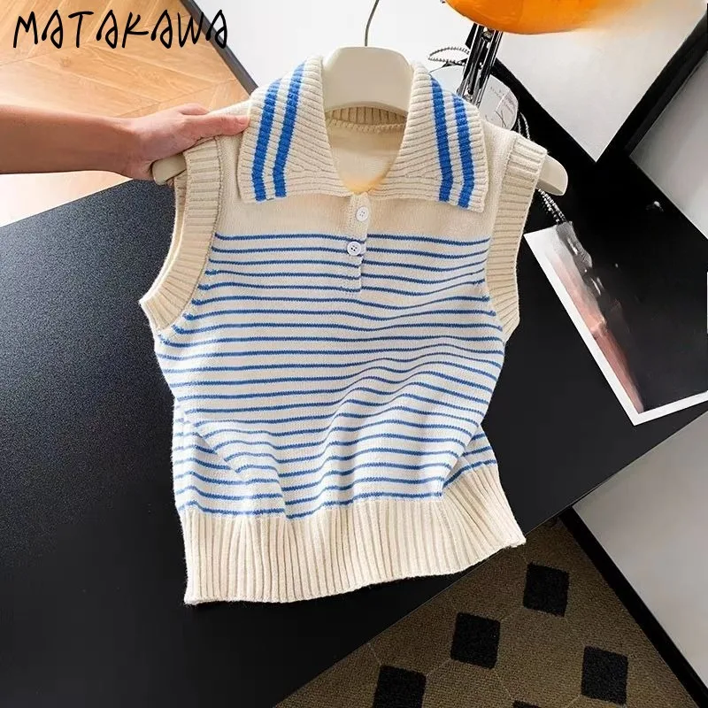

Matakawa Preppy Style Women Sweaters Autumn Winter Short Vests Korean Fashion Basics Sweet Casual Contrast Color Pullovers