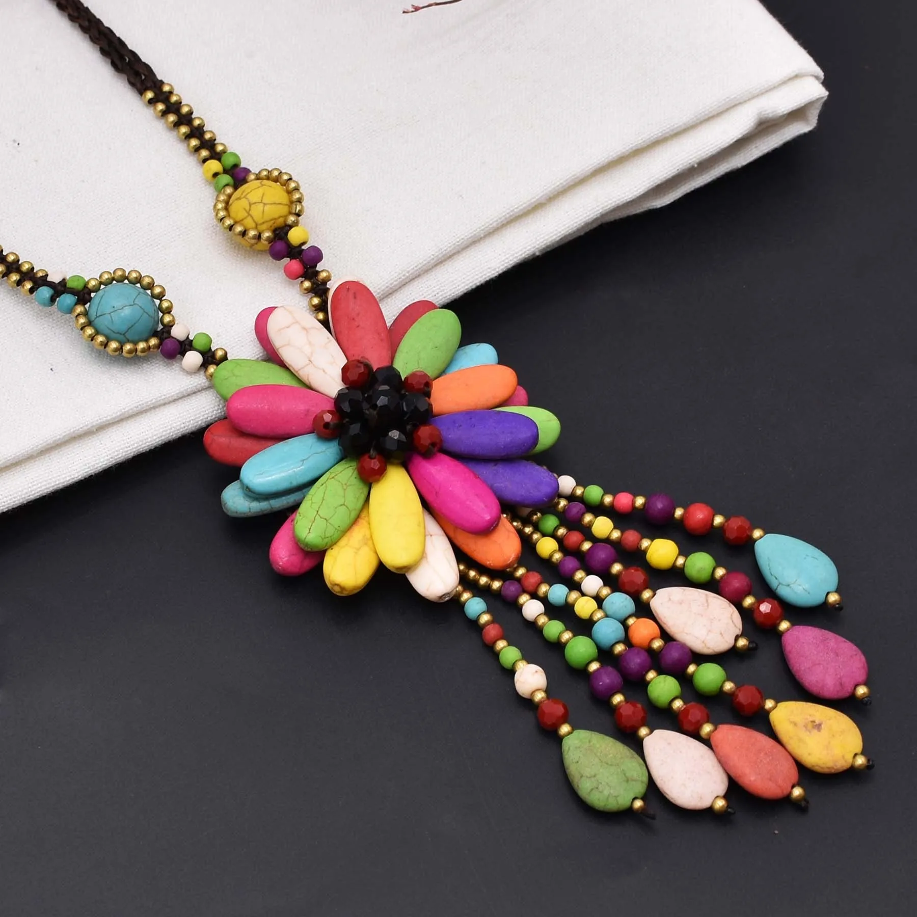 Bohojewelry Store Unique Design Tibetan Ethnic Style Turquoise Pendant Water Drop Stone Tassel Women\'s Necklace