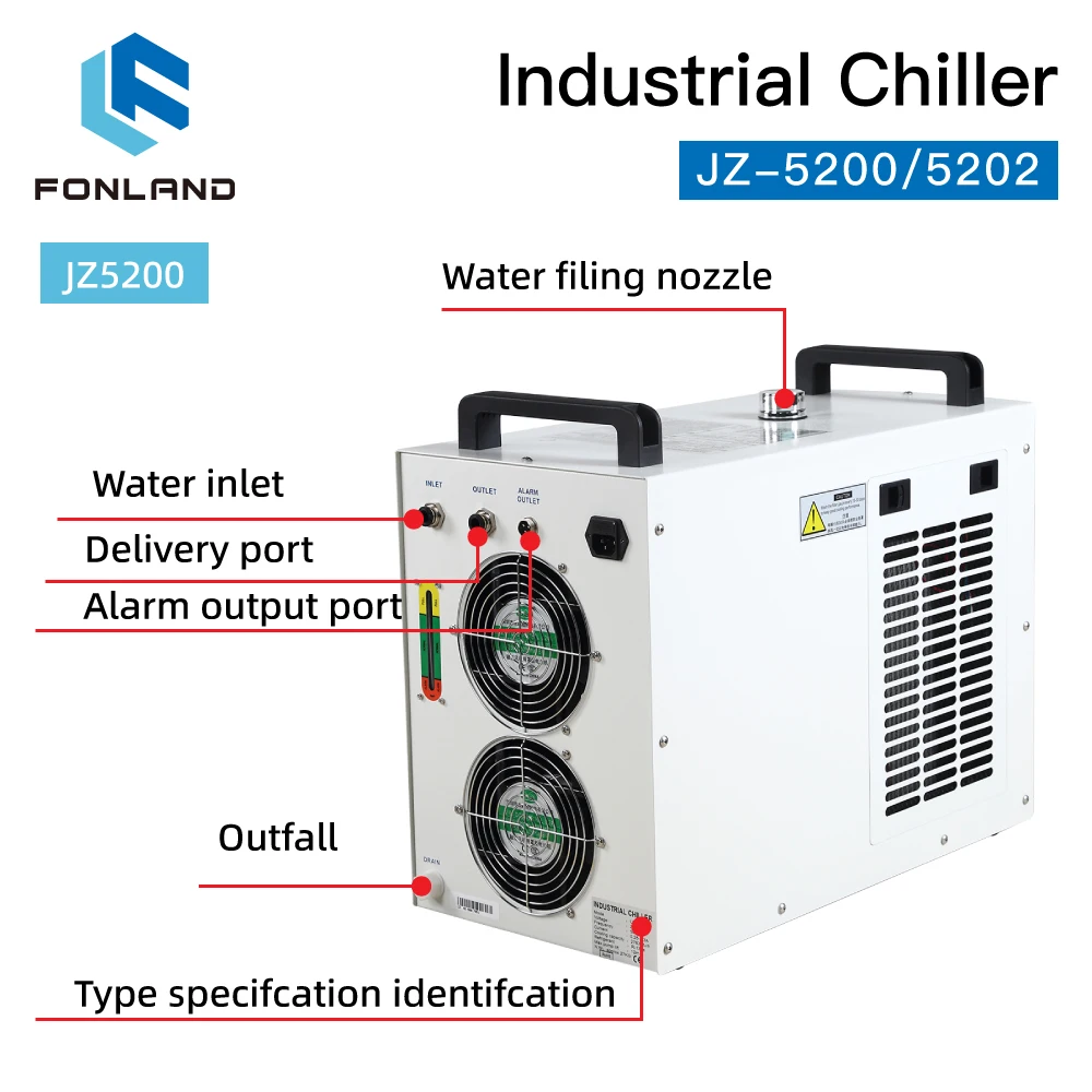 FONLAND JZ-5200/5202 Industrial Water Chiller for CO2 Laser Engraving Cutting Machine Cooling 100-150W Laser Tube DG110V AG220V