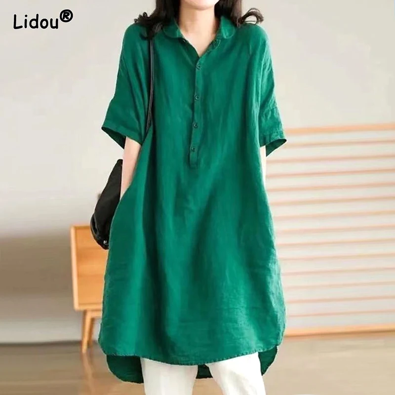 

Short Sleeve Long T-Shirts Button Summer Thin Turn-down Collar Tops Solid Loose Elegant Fashion Casual Women's Clothing 2023