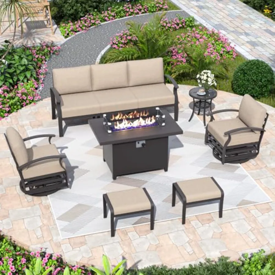 

Aluminum patio furniture set for backyard, poolside, porch: silver metal 7-seat outdoor set with propane fire pit table, swivel