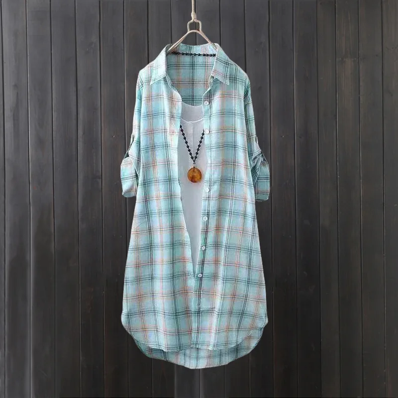 Plaid shirt women's summer long loose large size top long-sleeved cotton and linen shirt sun protection shirt thin jacket view 3