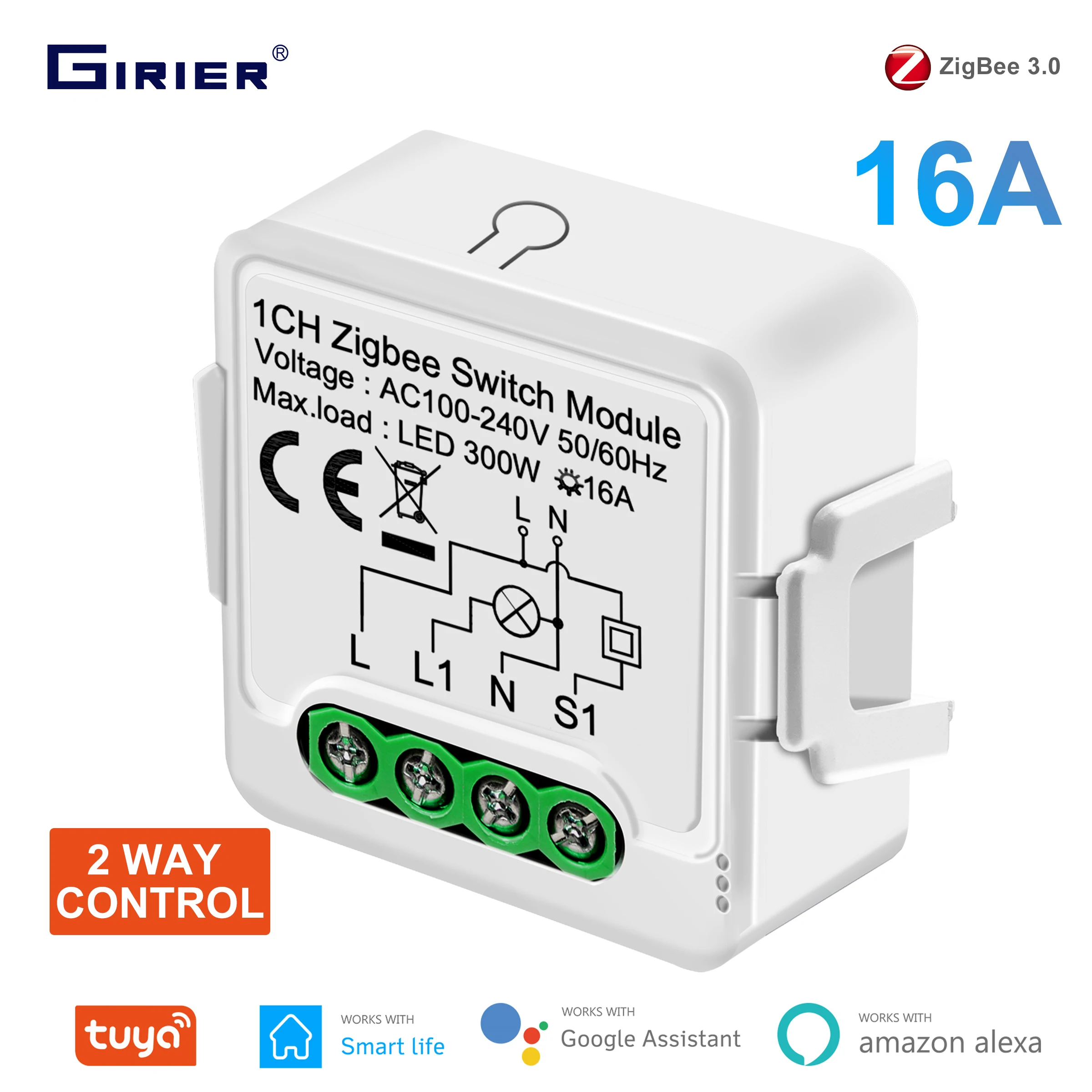 GIRIER Tuya ZigBee Smart Switch Module 16A Smart Home Automation Breaker Relay Support 2 Way Control Work with Alexa Google Home