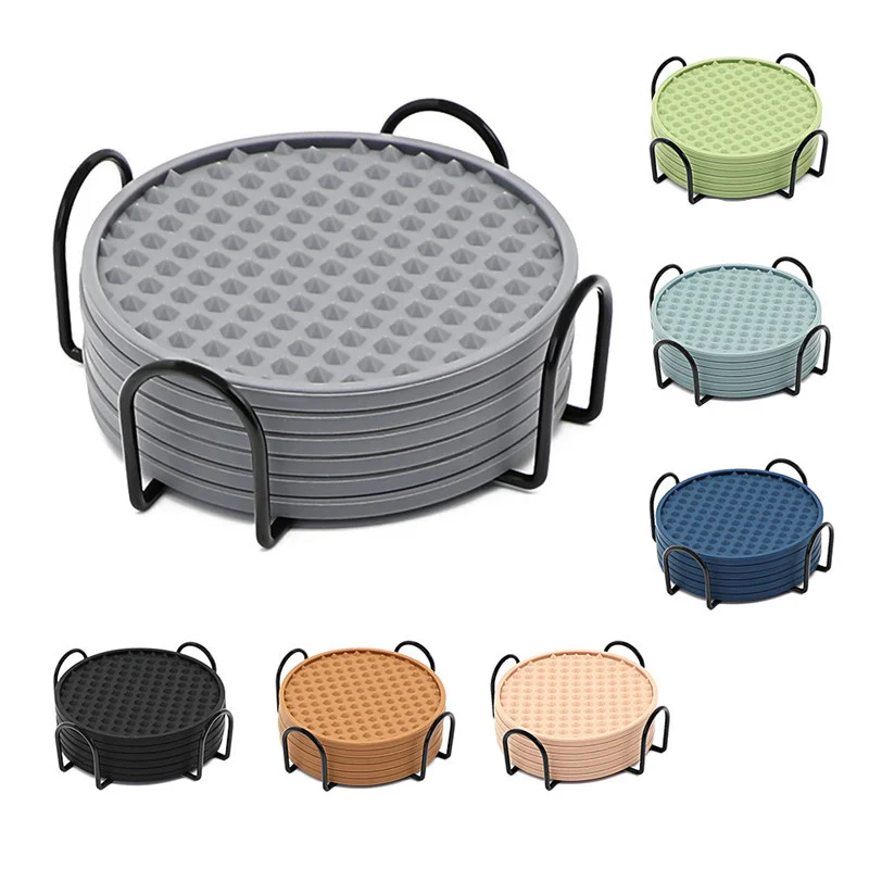 6 Pack Silicone Coasters for Drinks Heat Resistant Drink Coasters with Metal Holder Non-Slip Cup Mat Tabletop Protection JAF271