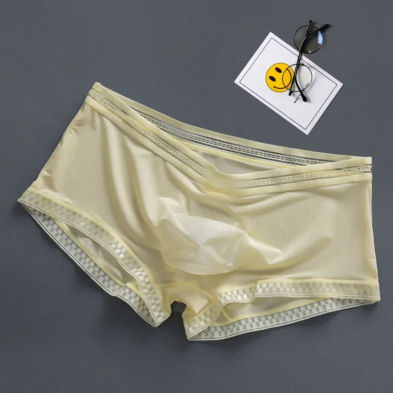 Cuecas boxers masculinas de seda gelo verão legal boxer respirável 3d bolsa seta shorts moda transparente cuecas masculinas