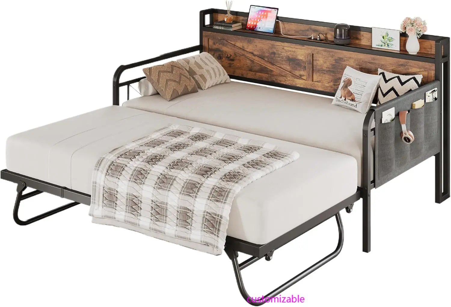 Twin Daybed with Trundle Bed, Storage Headboard with Charging Station, Sofa Day Bed with Strong Supports for Living Room