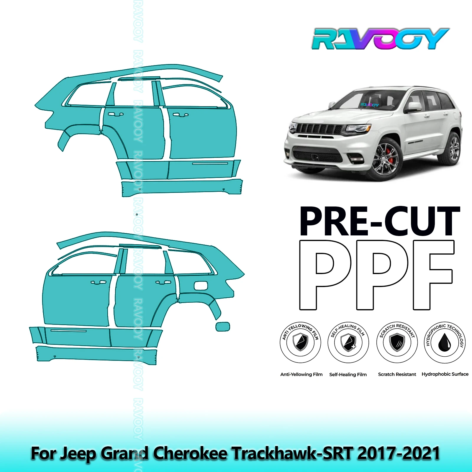 

For Jeep Grand Cherokee Trackhawk-SRT 2017-2021 8.5mil Pre-Cut PPF Door & A/B Pillar Kit TPU Paint Protection Film Set
