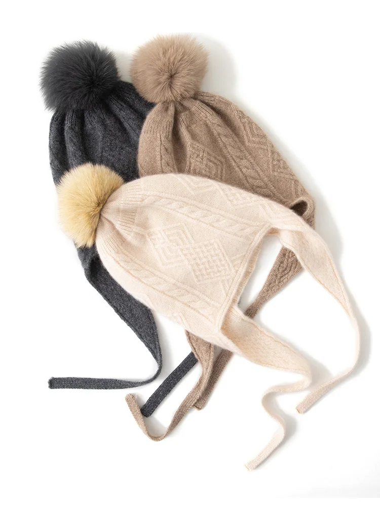 Autumn Winter Women's 100% Cashmere Hat With Fox Fur Ball Cable Knit Ear Protection Simple Versatile Fashion Hat Thick Warm