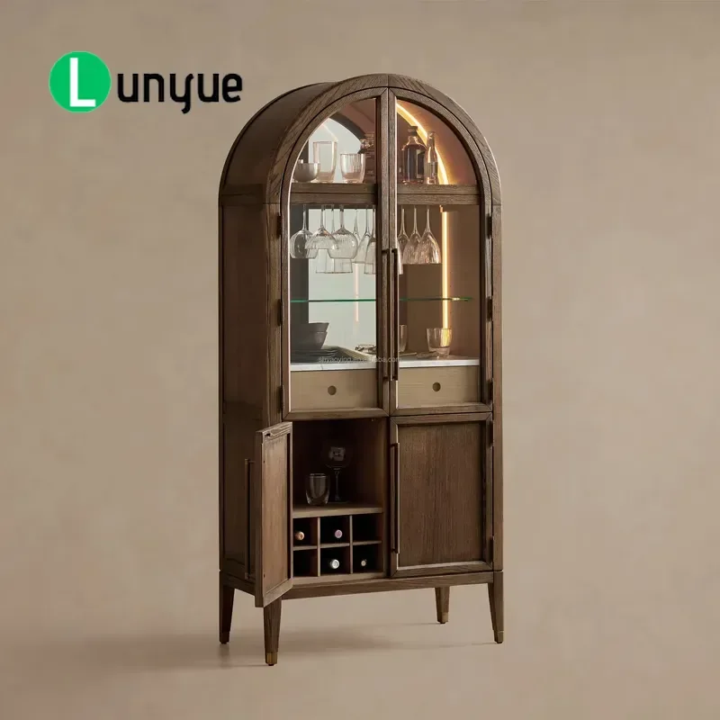 Curved Vaulted Oak Bar Cabinet with LED Mirror Lighting Carrara Marble Countertops High End Wine Storage for Home Domestic