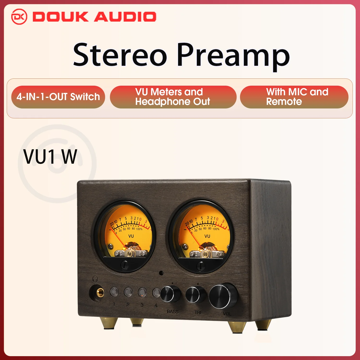 Douk Audio VU1-W Switcher de áudio de 4 vias 4 em 1-OUT Pré-amplificador estéreo Seletor doméstico Medidor VU com controle remoto