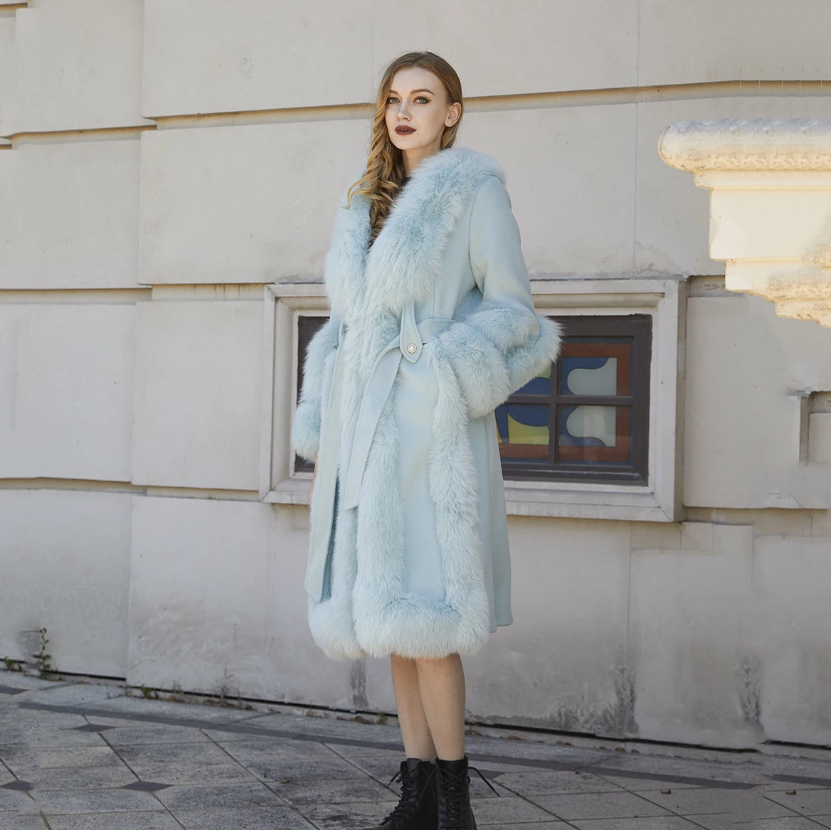 2024 Wool Coat Filling with Duck Down for Women Elegant Luxury Blue Korean Real Fox Fur Long Winter Cashmere Overcoat