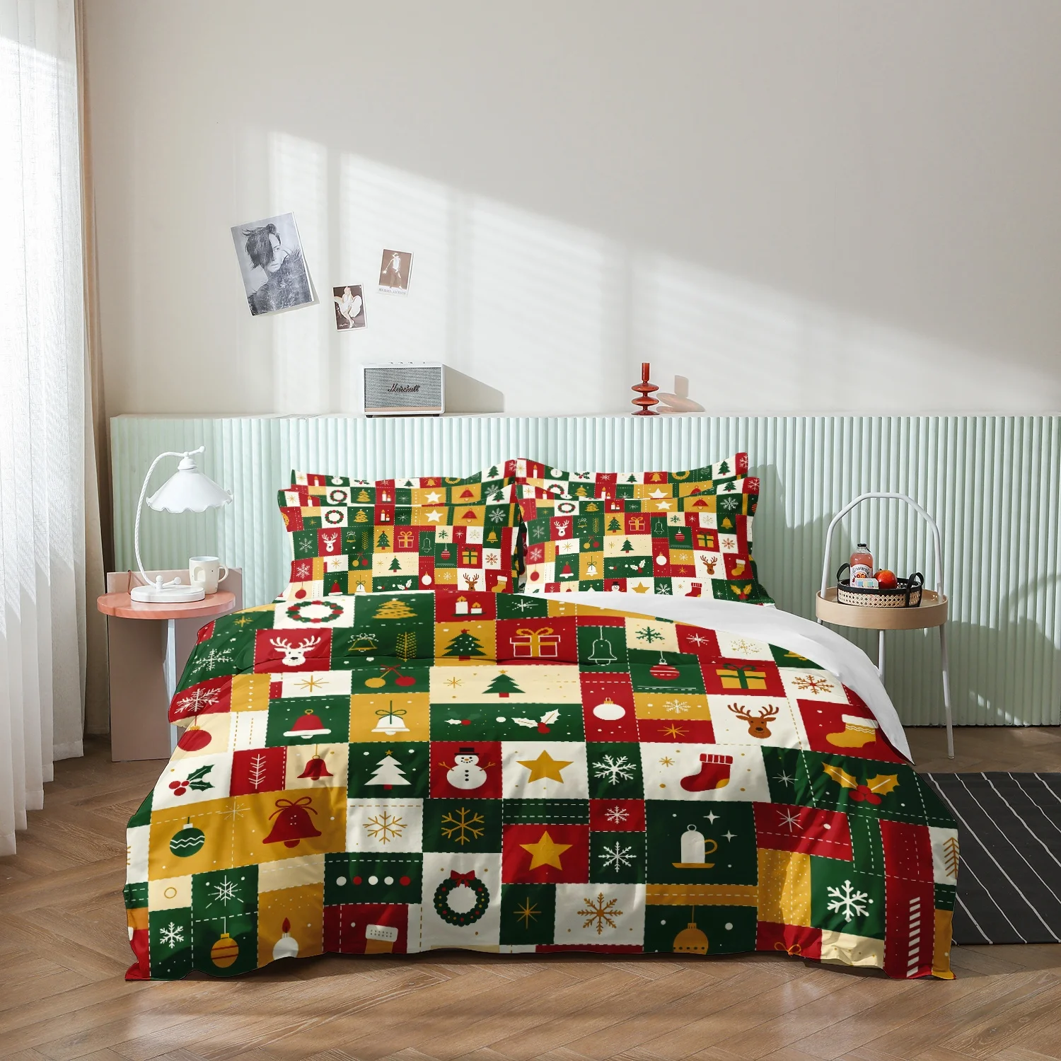 3Pcs Red Green Gold Grid with Snowman Reindeer Christmas Tree Bell Snowflake Print Duvet Cover Set, Christmas Geometry Bedding