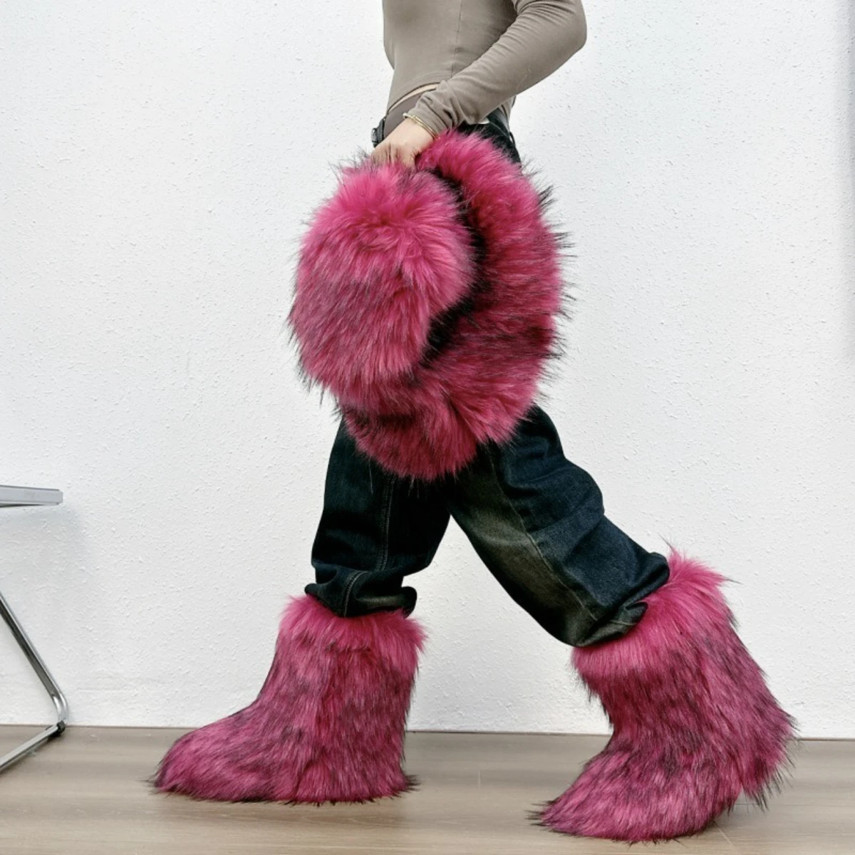 Gal Style Women Y2K Winter Mid Calf Snow Boots, Cute Unique Shibuya Hot Girl Furry Boots, Warm Personalized Plush Shoes
