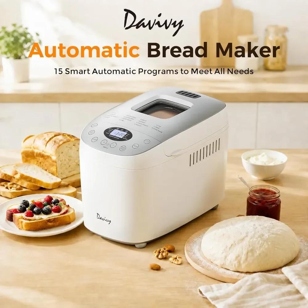Davivy Bread Machine 3.5LB Large Capacity, 850W Automatic Bread Maker with 15 Programs (Gluten Free, Homemade Memory, Dough Shor