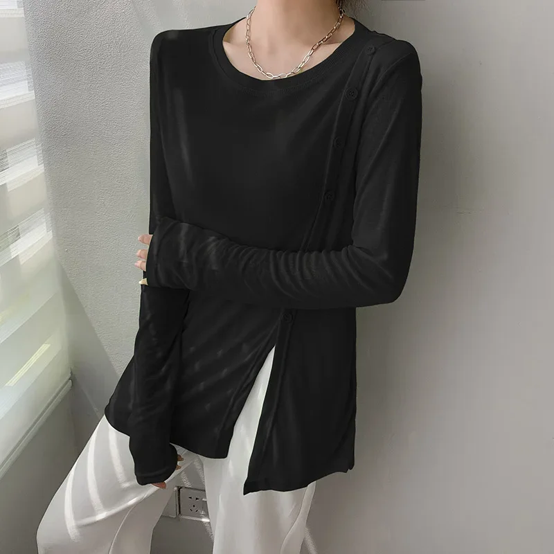 Women Fashion Single Breasted Long Sleeve Slim T-shirts New Summer Casual Sunscreen T-shirt Ladies Chic Irregular Slit Tops Pop