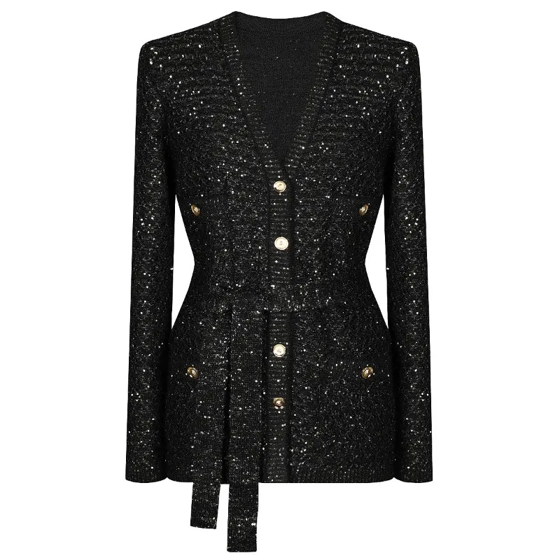 Spring and Autumn High Quality Sequin Knitted Long Sleeve V-Neck Cardigan Top Jacket