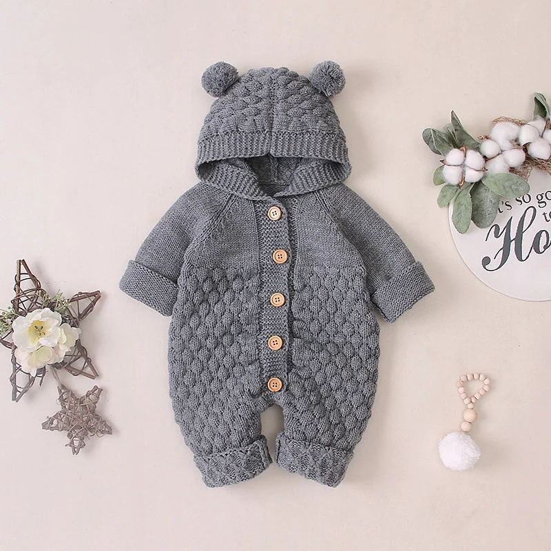 ABUM-Newborn Baby Ear Hooded Knitted Romper Snowsuit Bodysuit Overalls For Toddlers Jumpsuit Kids Cute Toddler Clothes