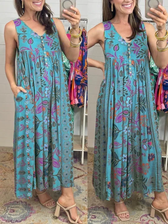 Women Fashion Sleeveless Overalls Playsuits Boho Beach Style Female Vintage Jumpsuit Casual Floral Printing Pleated Loose Romper