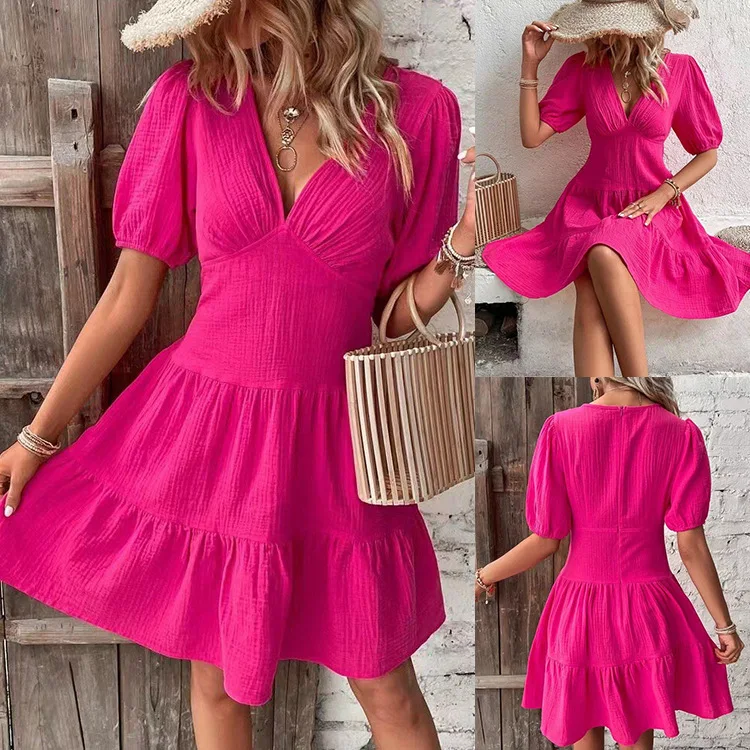 

2024 Summer New Solid Color Slim Fit Short Skirt V-neck Mid Sleeve Dress women clothing summer dress