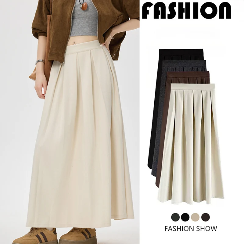 High Quality Pleated Long Skirts for Woman Autumn Winter Korean High Waist Woolen A-Line Skirt Women Elegant Retro Midi Skirts