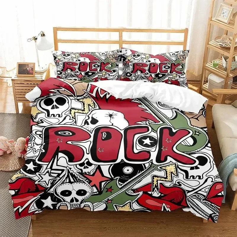 Graffiti Duvet Cover Set Cute Hip Hop Style Polyester Comforter Cover with Pillowcase Queen Full Size for Kid Teen Bedding Set
