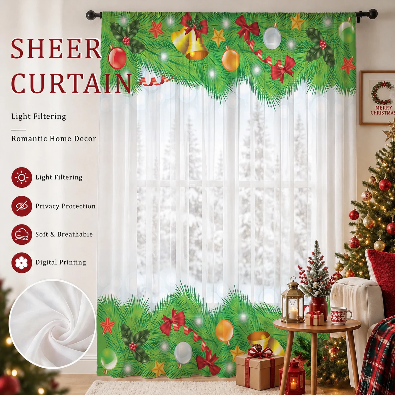 ม่านโปร่งลายระฆังคริสต์มาสและก - Curtain Sheer Voile บทวิจารณ์และราคา
