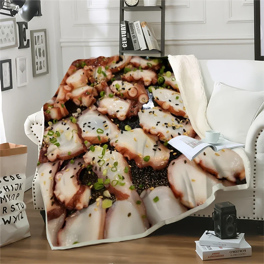 CLOOCL Delicious Food Decken, 3D-gedruckte Teppan-Oktopus-Überwurfdecke für Bettwäsche, flauschige Steppdecken für Erwachsene und Kinder, 220 x 150 cm