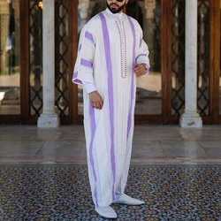 Muslim Mens Pink Long Sleeve Thobe Middle East Saudi Arabia Abaya Islamic Abaya Dress Dubai Abaya Striped Print Pattern