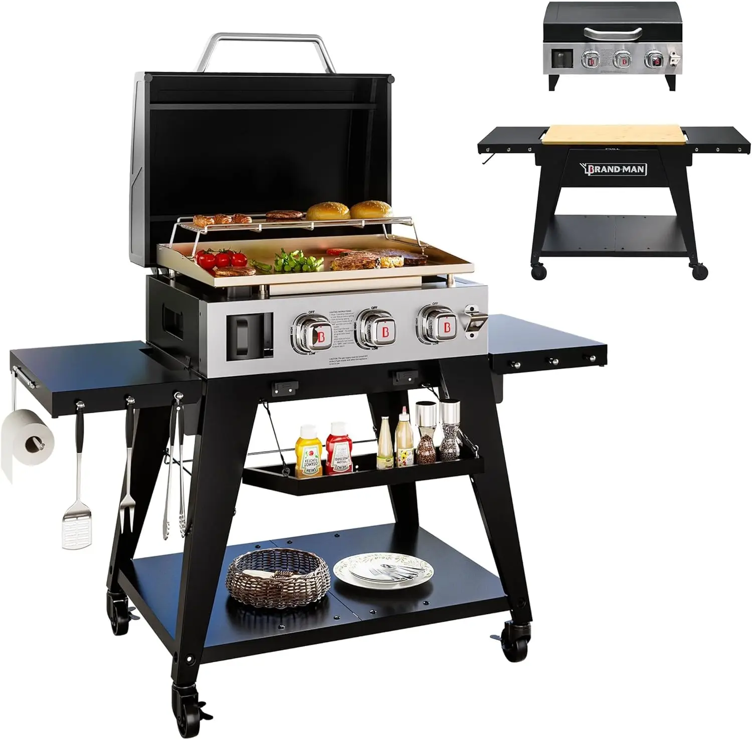 Brand-Man 3-Burner Portable Propane Gas Griddle with Lid - 28,000 BTU Flattop Griddle Grill, 504 Sq. In., Folding Side Tables
