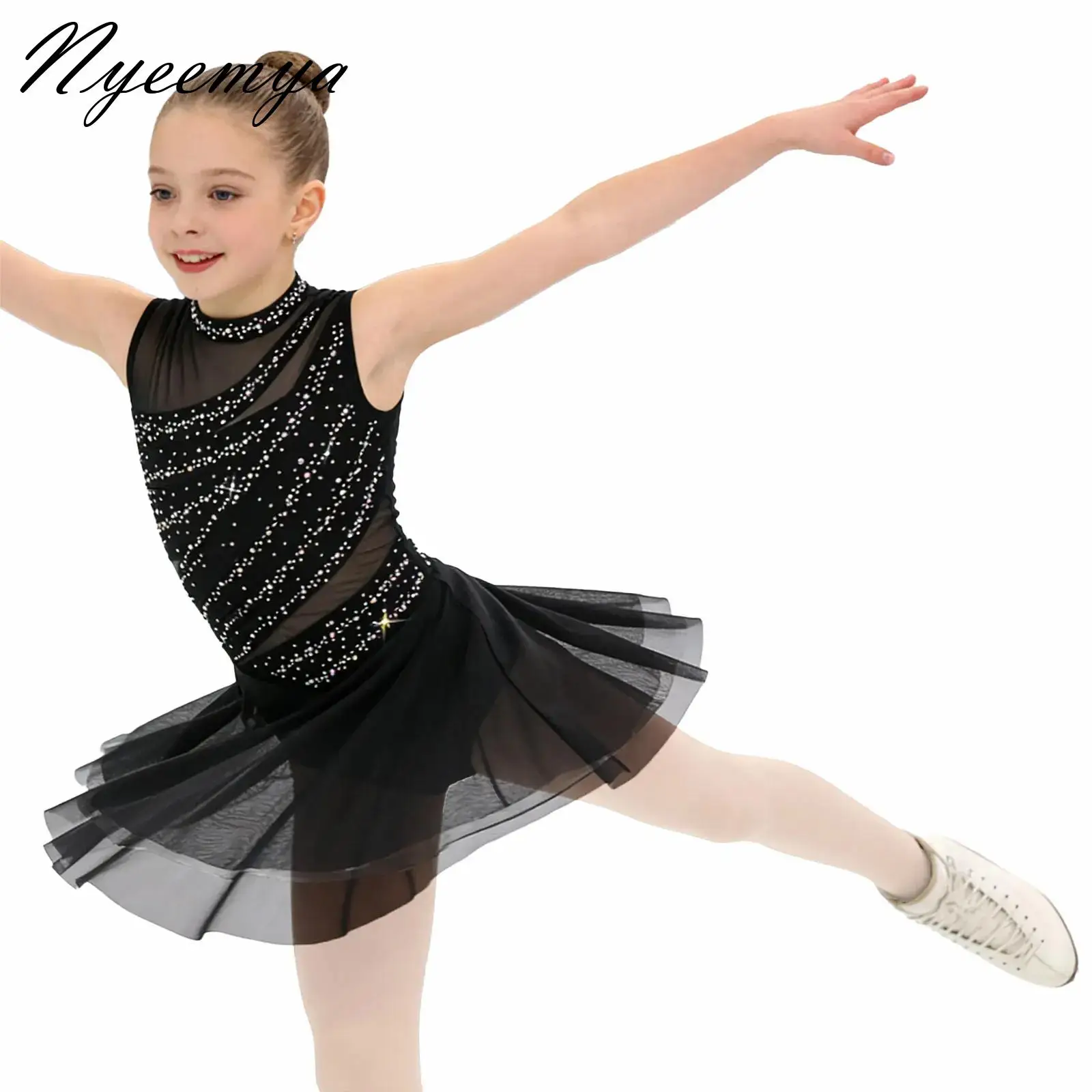 

Stage Lyrical Dance Costume Girls Figure Ice Skating Dresses Long Sleeve Rhinestone Tights Gymnastics Dress Leotard Clothes