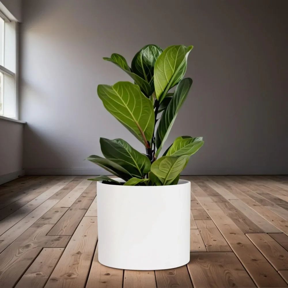 Large 12 Inch Planter - Premium Lightweight Fiberstone Glossy White Plant Pot with Drainage Plug; Large Indoor Plant Pot