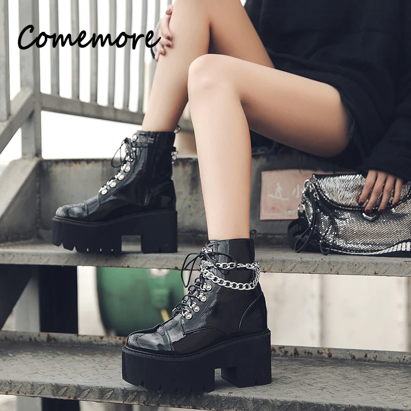 Comemore Lace-up Winter Ankle Boots Gothic Patent Leather Zipper Sexy Chain Motorcycle Women\'s Boot Women Punk Platform Shoes 42