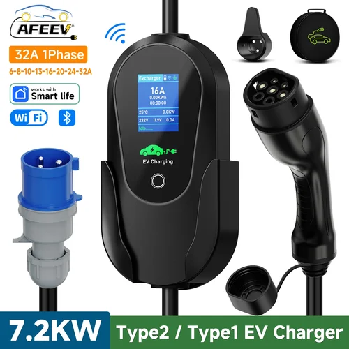 AFEEV Type2 IEC 62196-2 cargador EV portátil 7.2KW 32A Type1 SAEJ1772 Wallbox EVSE Cable de carga rápida WiFi aplicación Bluetooth Control
