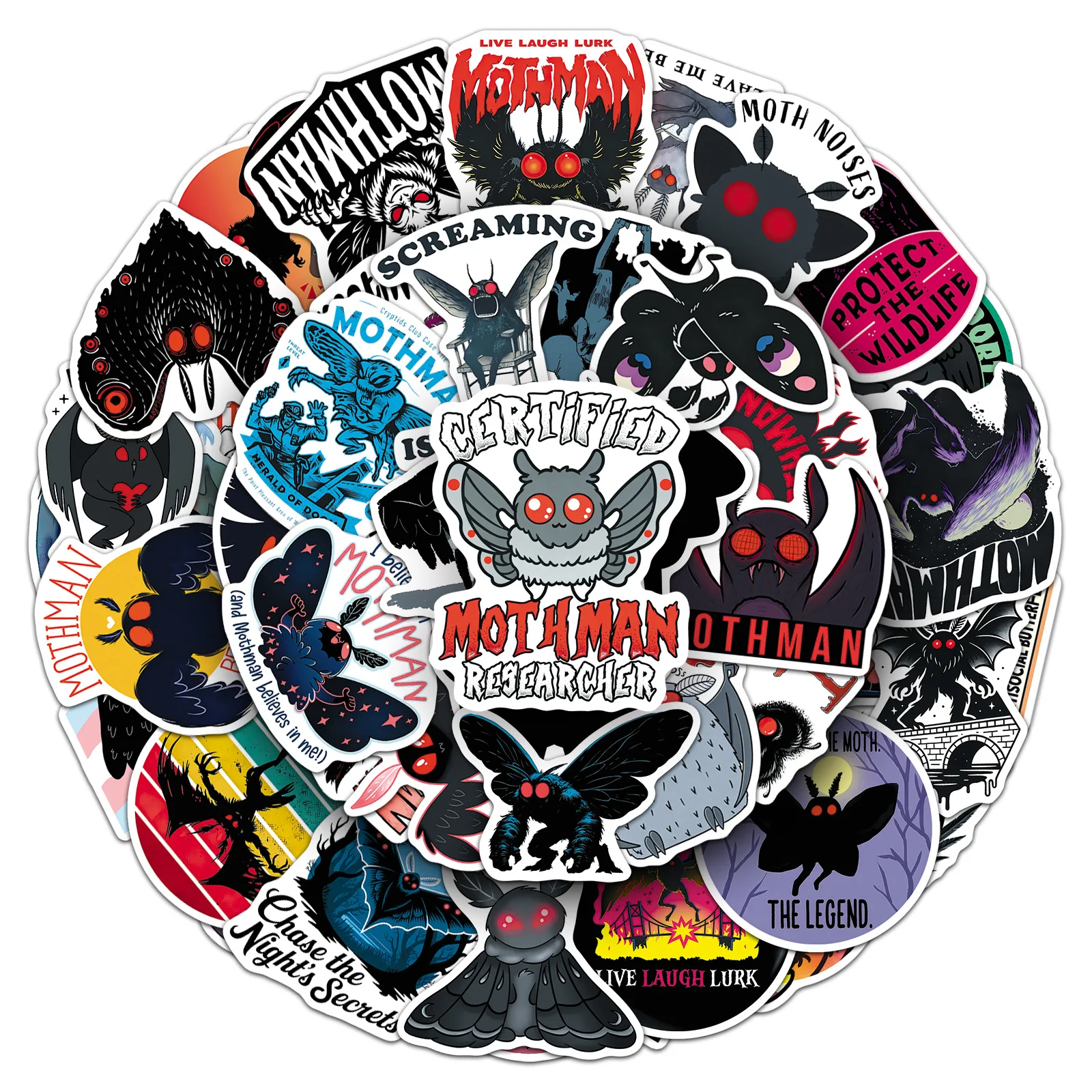 50 Stück Mothman-Kryptiden-Aufkleber Horror-Legende Monster Wasserfeste Vinyl-Sticker für Laptop, Wasserflasche, Gepäck