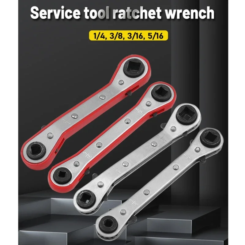 Refrigeration Ratchet Wrench, Conditioning Service Wrench, 4 Different Sizes, 1/4x3/16 Square x 3/8x5/16 Square