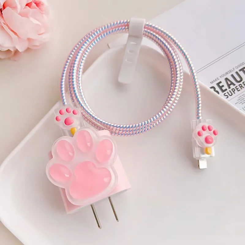 3D Cat Paw Design Charger Cable Protector Cover For IPhone 15 14 13 16 11 18W 20W Original Charger Data Cord Winder Protective