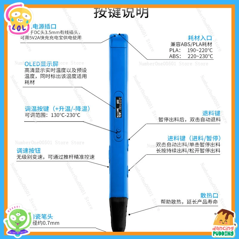 

High Temperature 3D Printing Pen Professional Stepless Speed Control 3D Art Graffiti Drawing Pen for Filament