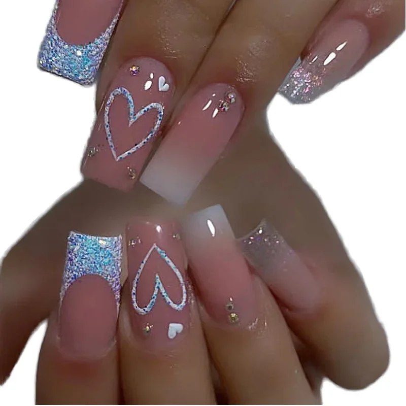 Glitter French Tip Medium Square Press On Nails Nude Pink Gradient White Hollow Heart Pattern Rhinestone Accent Sweet Romantic Style Reusable Fake Nails view 2