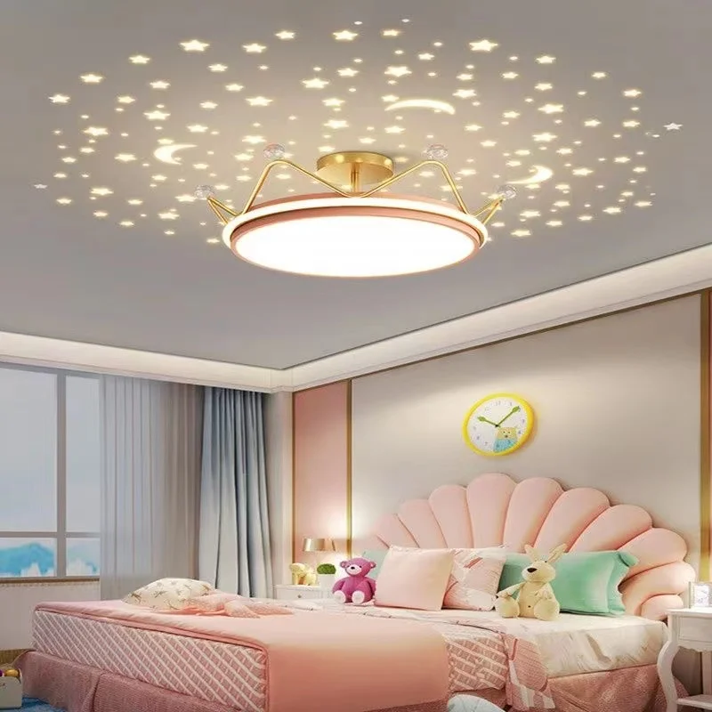 Imagem -05 - Princesa Coroa Lustre Starry Night Light Regulável Star Moon Pingente Crianças Menino Quarto Estudo Lâmpada do Teto Girl Room Decor