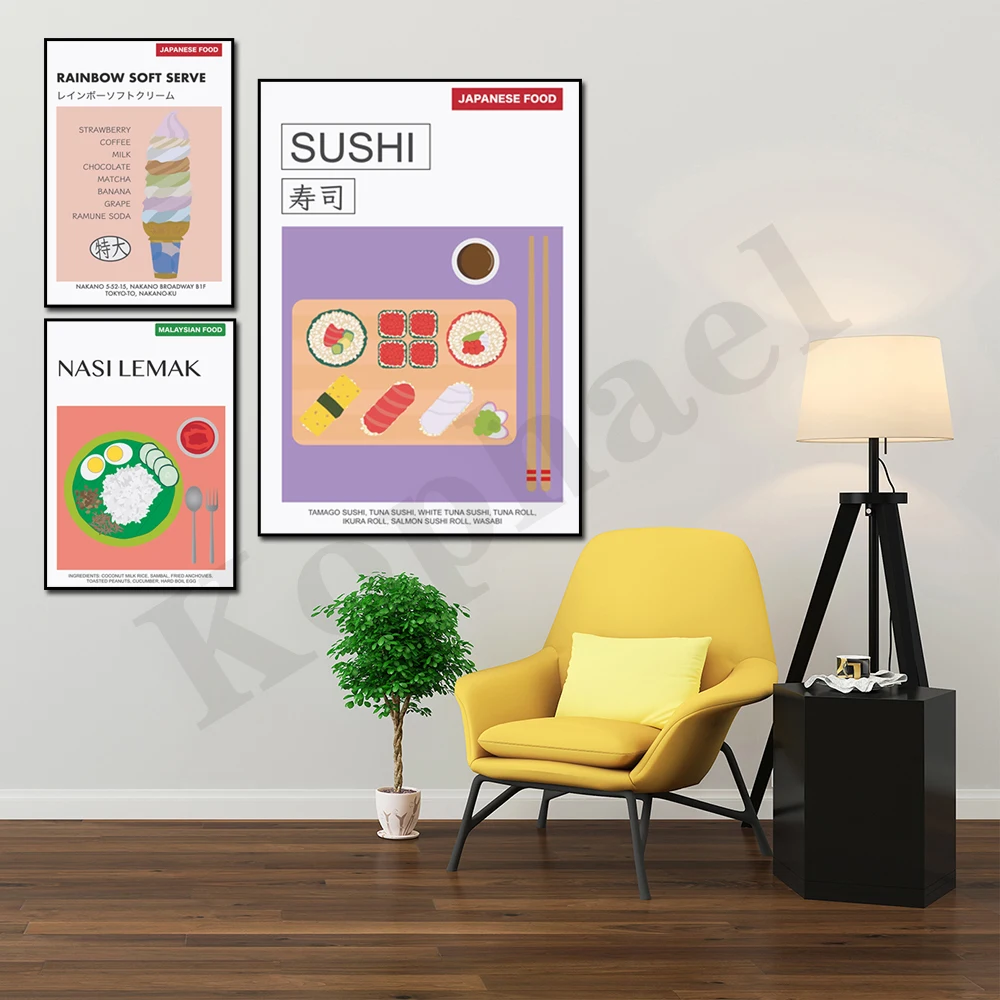 Satay Rainbow Ice Cream Udon Nasi Lemak Takoyaki Sushi Spicy Food Home Living Room Kitchen Wall Decor Canvas Painting