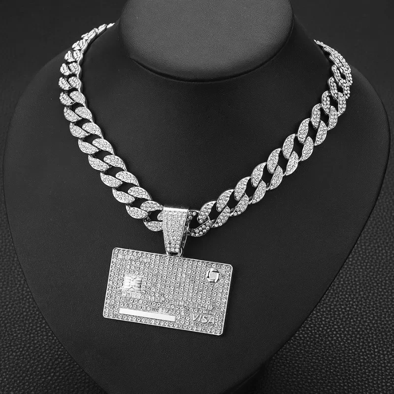 Men's Hip Hop Alloy Square Bank Card Shield Pendant Cuban Chain Jewelry