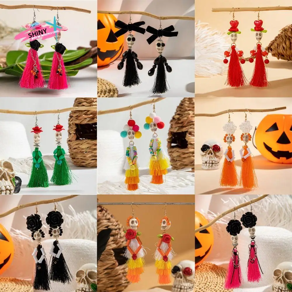 Pendientes divertidos y coloridos de Halloween, pendientes de calabaza con esqueleto de cuentas de arroz, borla de flor rosa, accesorios de joyería para oreja Hipster