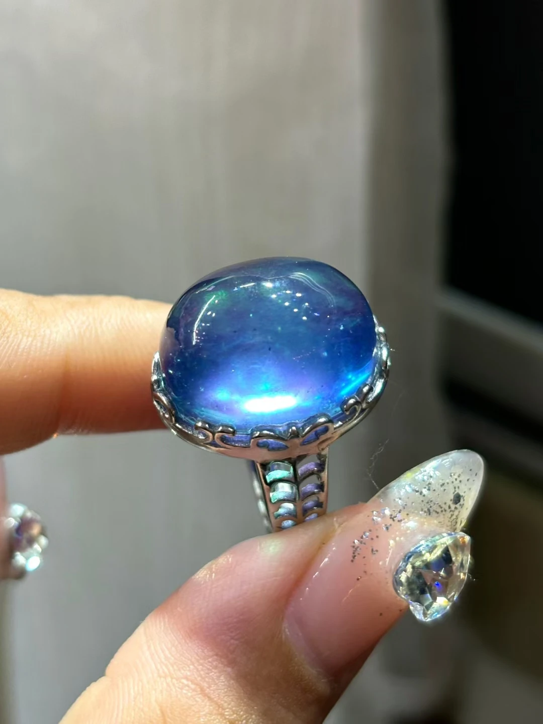 Natural Blue Aquamarine Crystal Dragon Adjustable Ring 21x17mm Silver Aquamarine Ring Fashion AAAAAA