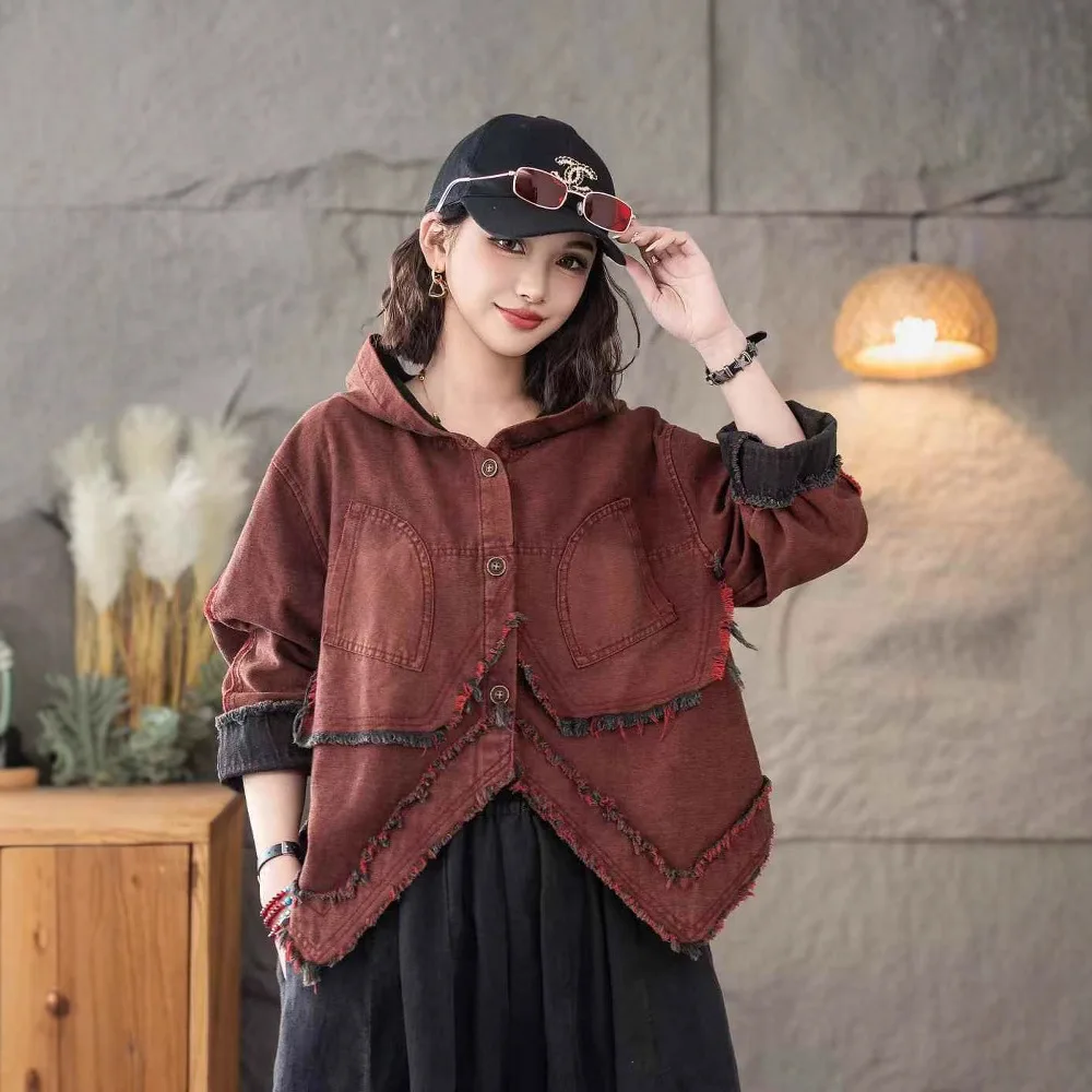 

Женские джинсовые пальто, весенние винтажные однотонные шлифовальные свободные карманы с капюшоном, асимметричные женские куртки Tide Wild JJ904