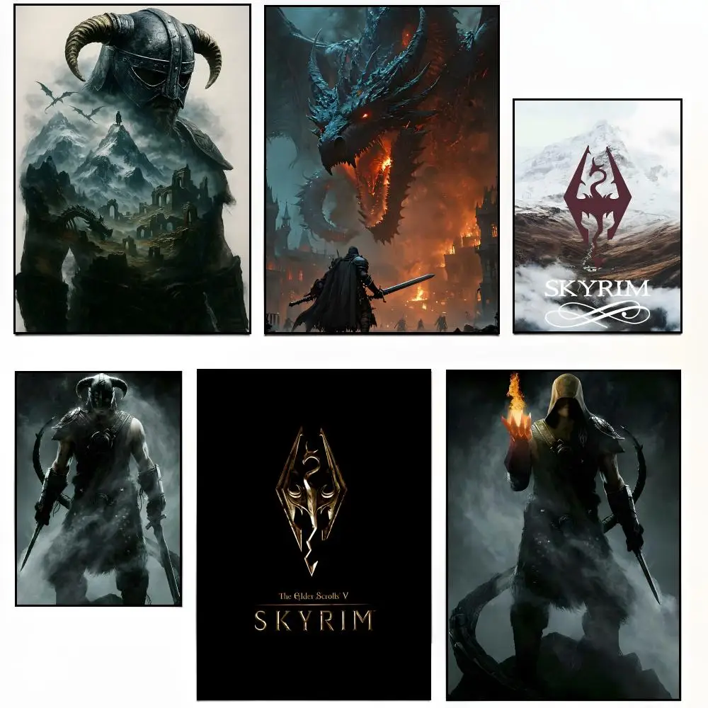 Póster de The Elder Scrolls V Skyrim, pegatina de papel adhesiva, decoración de pared para habitación, bar, cafetería, regalo