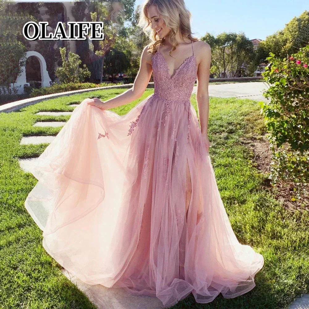 

Sexy Pink Spaghetti Straps V-Neck Tulle Prom Dress Side Slit A-Line Cross Backless Lace Appliques Evening Dress For Women