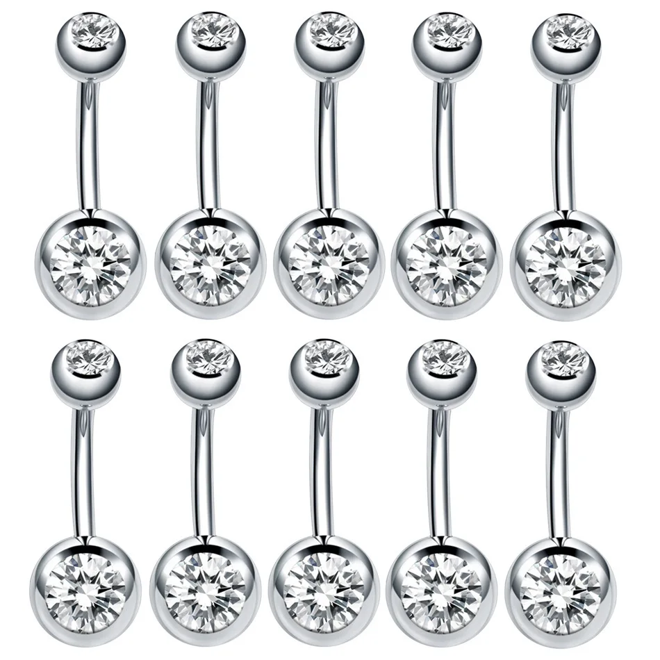 10 pcs/lot Piercing Surgical Steel Single Crystal Rhinestone Belly Button Rings Navel Piercings Ombligo 5/8mm Ball Nombril