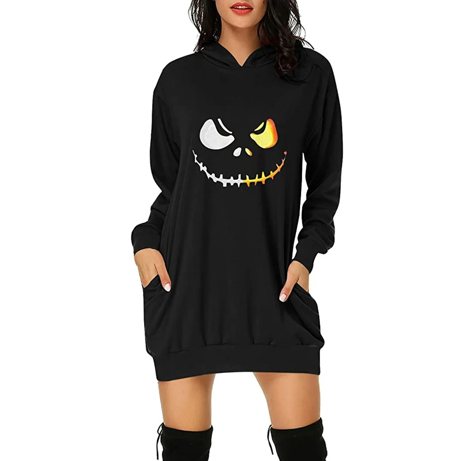 Halloween Black Smile Printed Hoodie Dress Horror Women\'s Daily Workout Hoodies Long Sleeve Pullover Autumn Pocket Tee Vestido