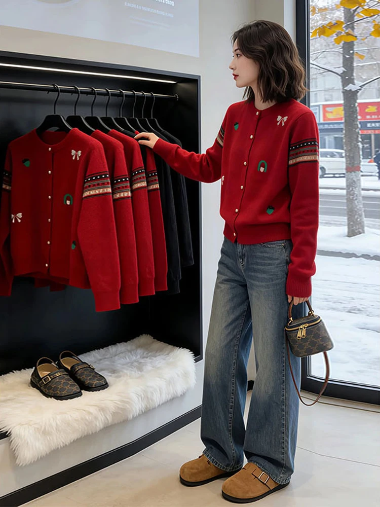 New Year Red Bear Fur Knitted Sweater Cardigan Women's Autumn Winter New Style Lazy European Goods Knitting Outerwear