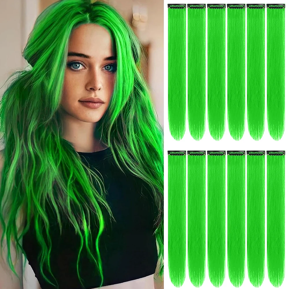 12 PCS Green Hair Extensions Clip in, Colored Party Highlights Extension for Kids Girls Synthetic Hairpiece Straight 22 inch